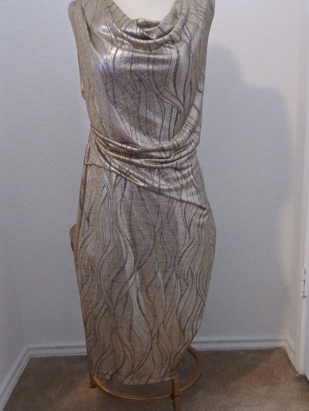 connected apparel Metallic Gold Draped Sheath Midi Dress